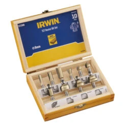 Irwin Frezenset 10-delig Voor Bovenfrezen Met 8mm Aansluiting. In Houten Kistje. -Irwin 123 303