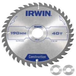 Irwin Cirkelzaagblad Ø190 Mm. Inclusief Reduceerringen Waardoor Geschikt Voor Asgat 16, 20 En 30 Mm, Vertanding 40T
