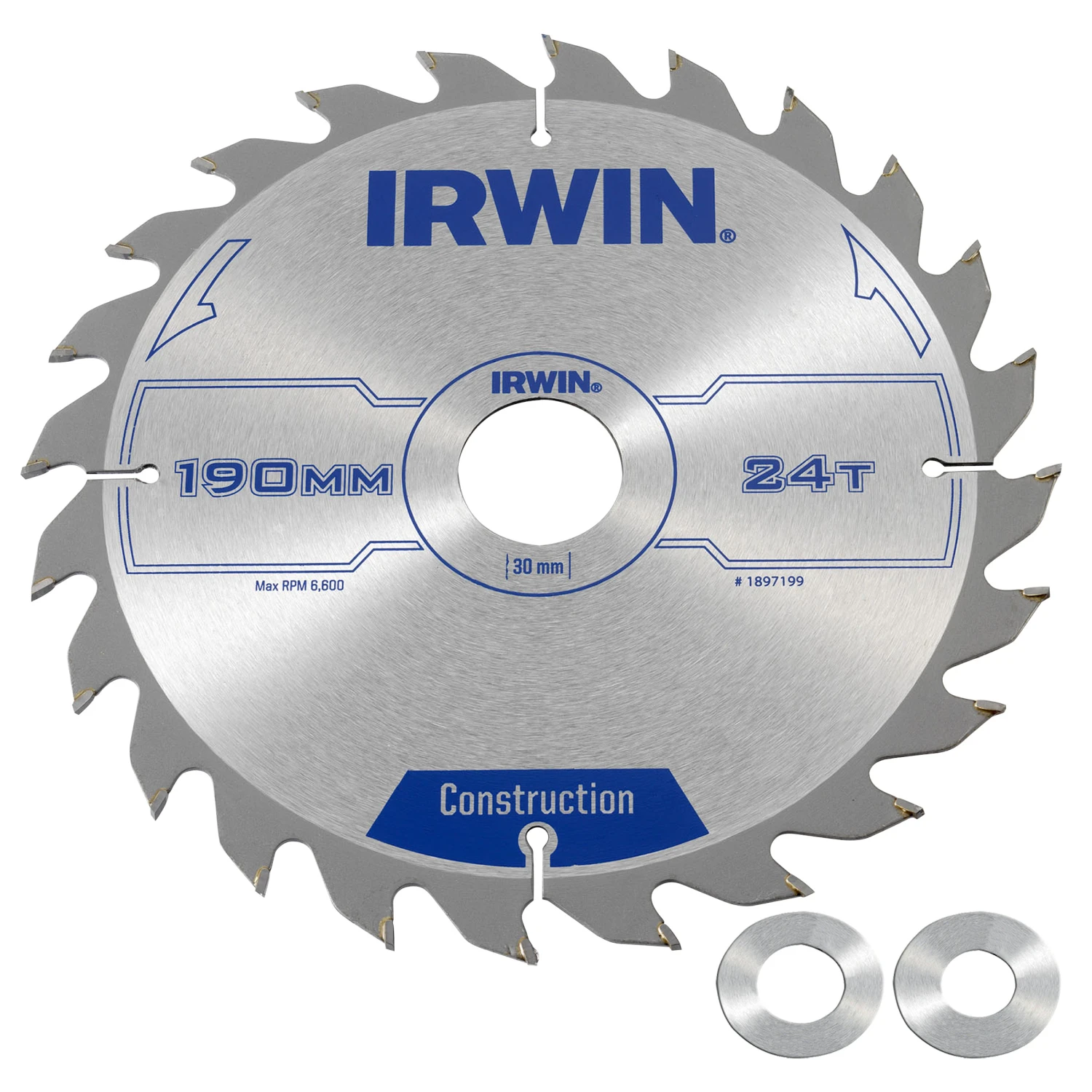 Irwin Cirkelzaagblad Ø190 Mm. Inclusief Reduceerringen Waardoor Geschikt Voor Asgat 16, 20 En 30 Mm, Vertanding 24T 1 Irwin Cirkelzaagblad Ø190 Mm. Inclusief Reduceerringen Waardoor Geschikt Voor Asgat 16, 20 En 30 Mm, Vertanding 24T